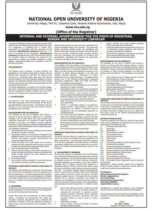 Advertisement for the post of Registrar, Bursar and University Librarian, National Open University of Nigeria.