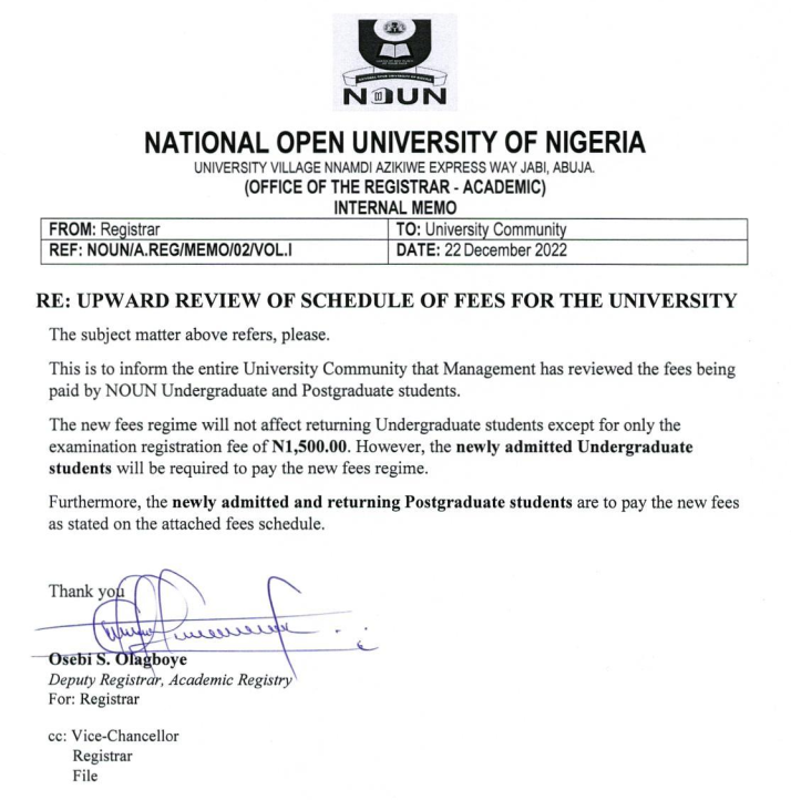 Memo on Upward Review of Schedule of Fees for the University