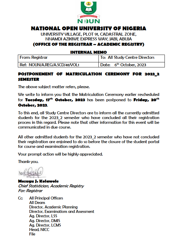 Postponement of 25th Matriculation Ceremony for 2023_2 Semester